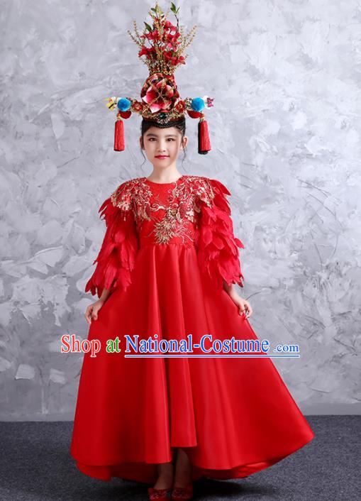 China Classical Dance Red Feather Dress Compere Garment Costumes Girl Catwalks Fashion Children Performance Clothing and Headdress