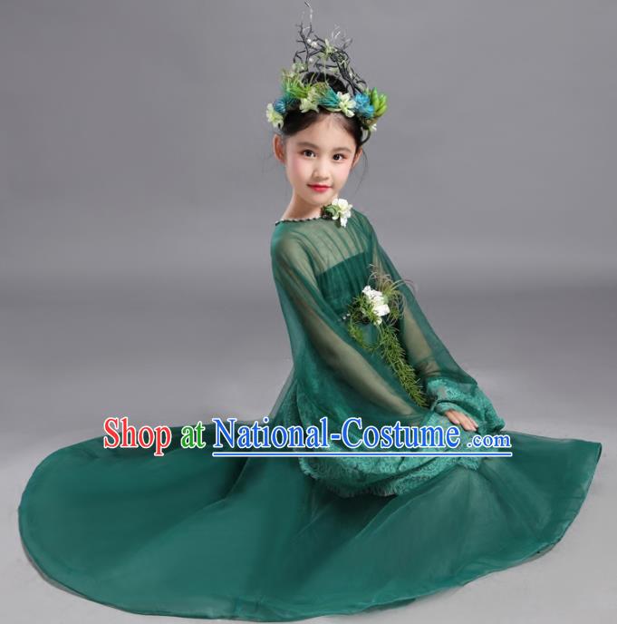 Custom Compere Competition Clothing Girl Stage Show Green Dress Catwalks Full Dress Children Performance Fashion Garment