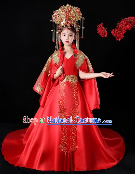 China Children Performance Clothing Classical Dance Red Trailing Dress Compere Garment Costumes Girl Catwalks Fashion