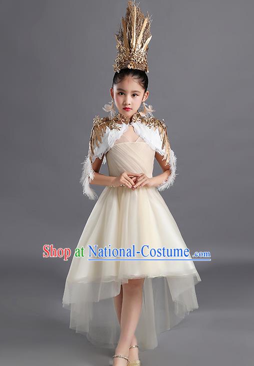 Custom Children Performance Fashion Garment Compere Competition Clothing Girl Stage Show Dress Catwalks Beige Veil Full Dress