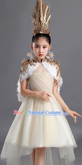 Custom Children Performance Fashion Garment Compere Competition Clothing Girl Stage Show Dress Catwalks Beige Veil Full Dress