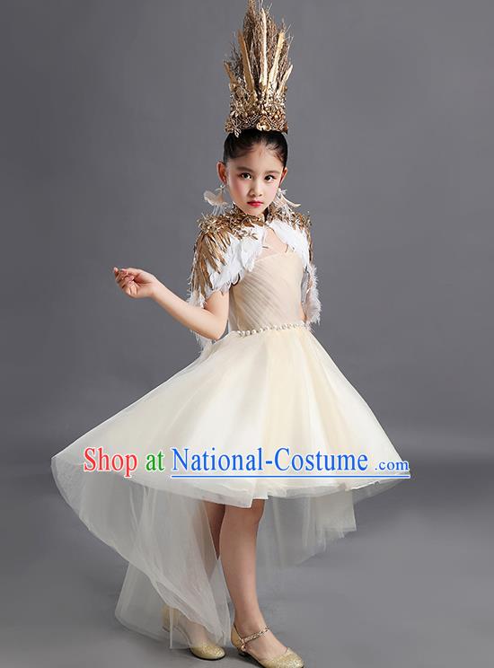 Custom Children Performance Fashion Garment Compere Competition Clothing Girl Stage Show Dress Catwalks Beige Veil Full Dress