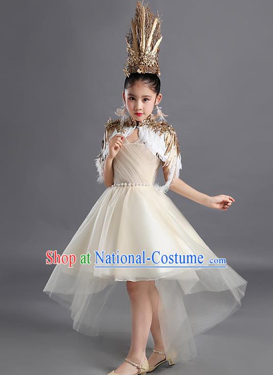 Custom Children Performance Fashion Garment Compere Competition Clothing Girl Stage Show Dress Catwalks Beige Veil Full Dress