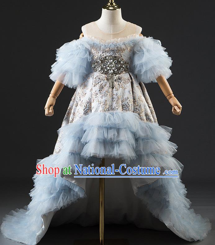 Custom Children Birthday Garment Girl Compere Fashion Clothing Stage Show Blue Trailing Dress Catwalks Full Dress