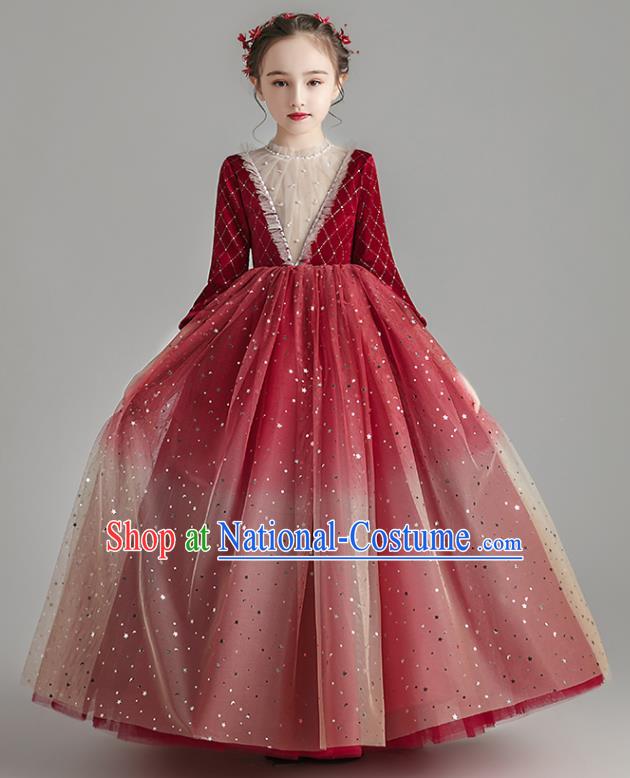 Custom Stage Show Wine Red Velvet Dress Catwalks Full Dress Children Birthday Garment Girl Compere Fashion Clothing