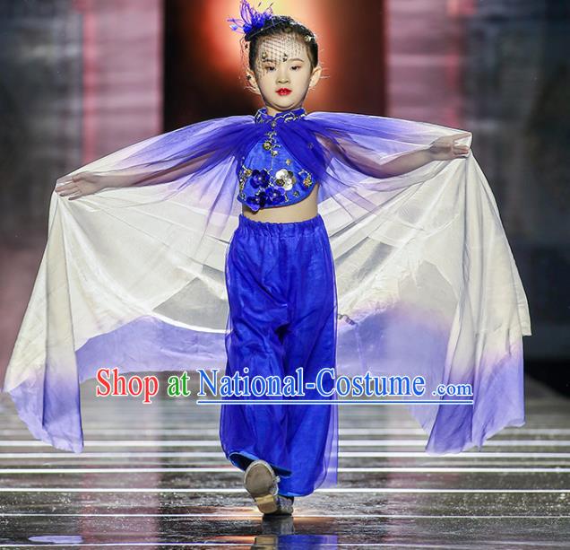 China Children Stage Show Clothing Folk Dance Blue Outfits Girl Performance Garments Catwalks Fashion Costume