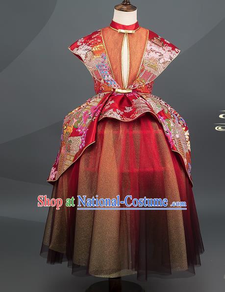 Custom Children Piano Performance Fashion Baroque Princess Clothing Stage Show Red Dress Girl Catwalks Full Dress