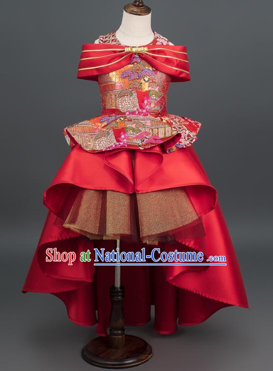 Custom Children Piano Performance Full Dress Baby Princess Clothing Stage Show Red Bubble Dress Girl Catwalks Fashion