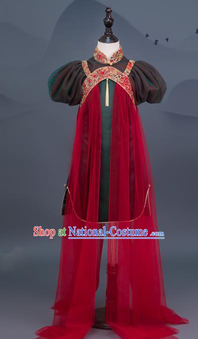 China Catwalks Fashion Costume Children Stage Show Clothing Classical Dance Dark Green Dress Girl Performance Garments