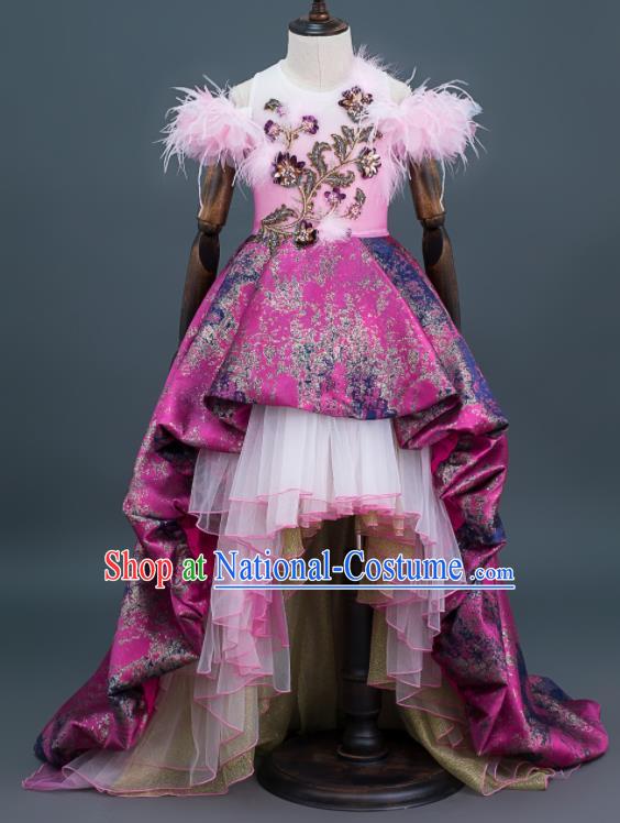 Custom Kid Birthday Clothing Flowers Fairy Purple Trailing Dress Girl Stage Catwalks Fashion Children Dance Full Dress