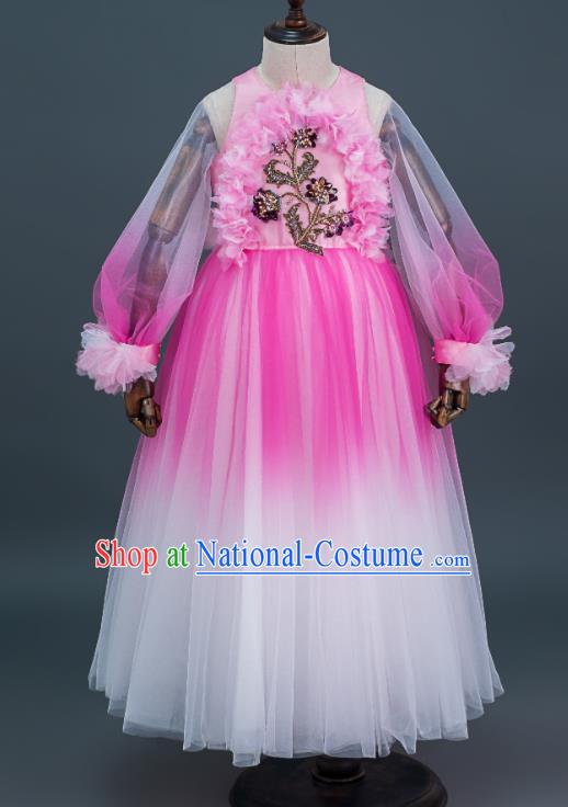 Custom Girl Princess Fashion Children Stage Show Full Dress Kid Birthday Clothing Flowers Fairy Pink Veil Dress