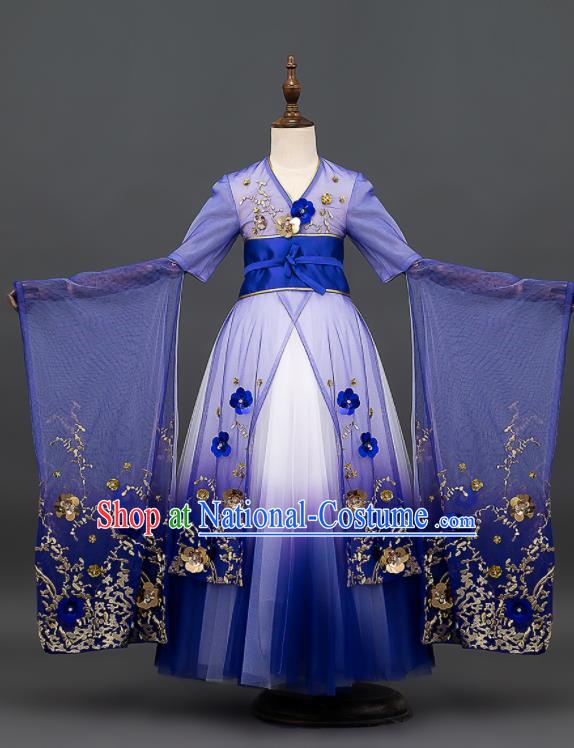 Custom Kid Performance Clothing Compere Show Royalblue Dress Girl Chorus Embroidered Fashion Children Full Dress