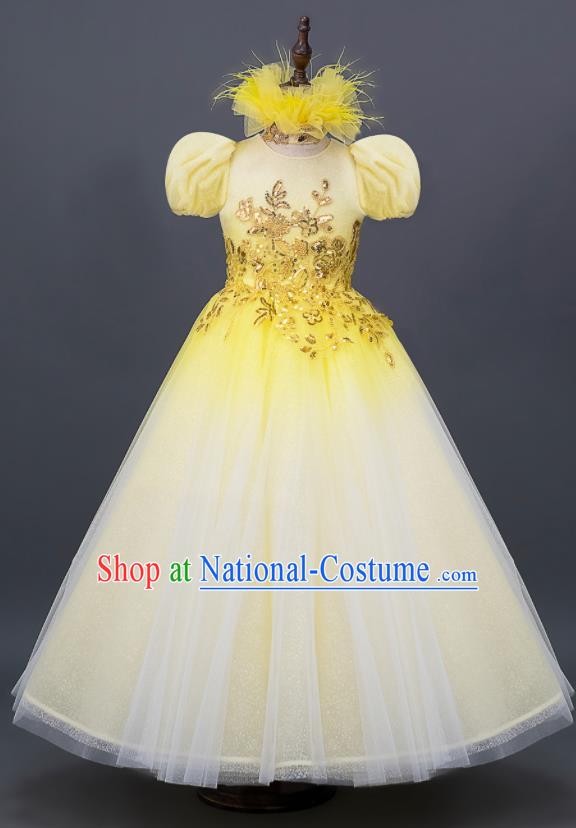 Custom Princess Full Dress Kid Performance Clothing Children Compere Show Yellow Veil Dress Girl Chorus Fashion