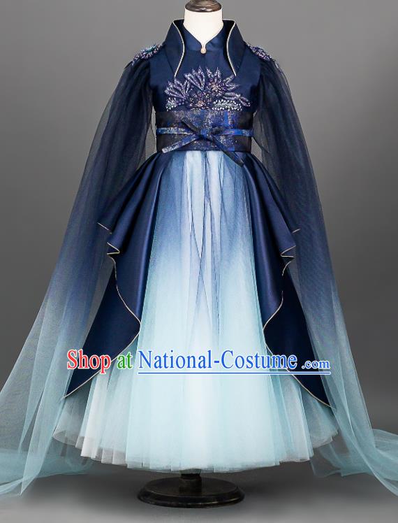 Custom Girl Piano Competition Fashion Princess Navy Full Dress Kid Performance Clothing Children Compere Dress