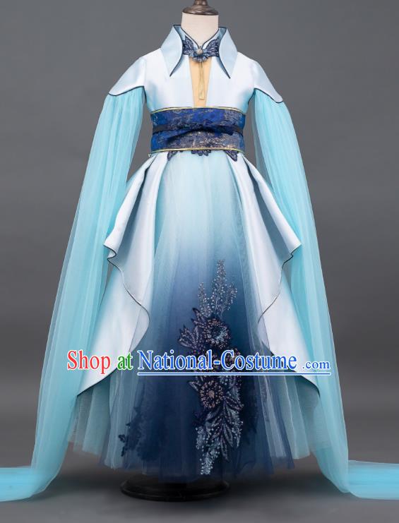 Custom Children Compere Blue Dress Girl Piano Competition Fashion Princess Full Dress Kid Performance Clothing