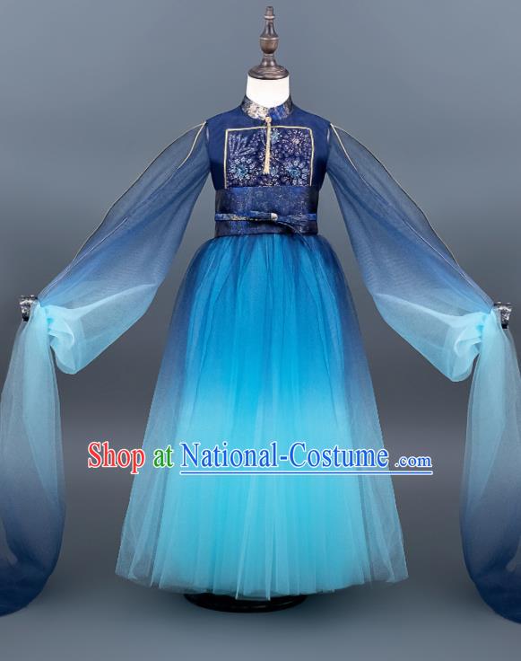 Custom Kid Performance Clothing Children Compere Deep Blue Dress Girl Piano Competition Fashion Princess Full Dress