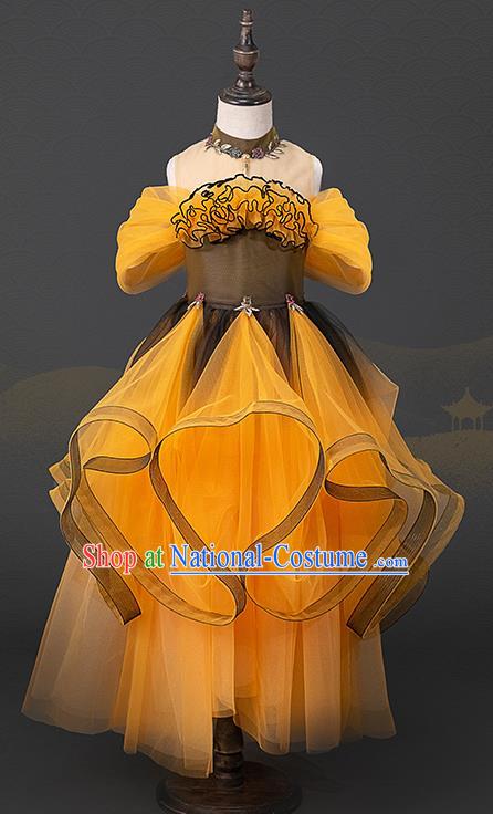 Custom Princess Yellow Full Dress Kid Performance Clothing Children Compere Bubble Dress Girl Piano Recital Fashion