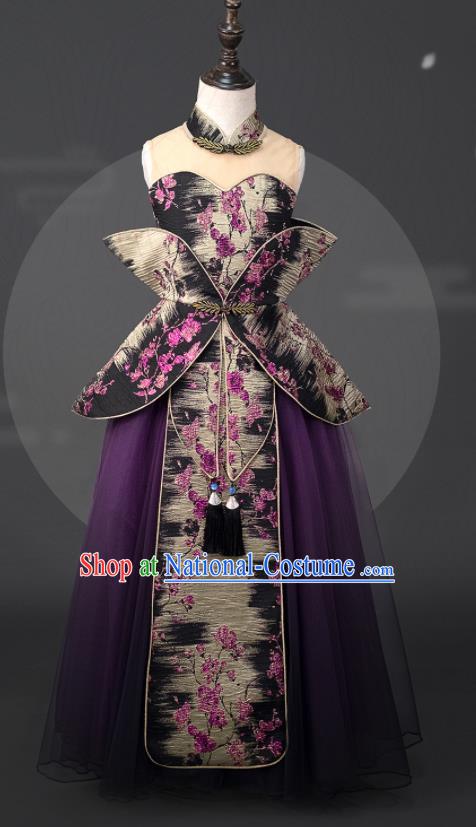 Custom Kid Performance Clothing Children Compere Bubble Dress Girl Piano Recital Fashion Princess Purple Veil Full Dress