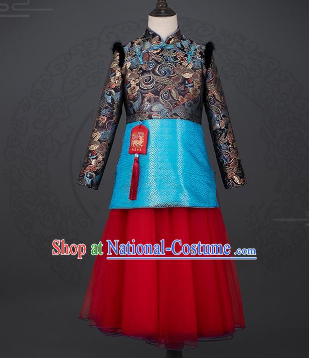 China Tang Suits Dress Girl Stage Show Garments Catwalks Fashion Costume Children Chorus Clothing