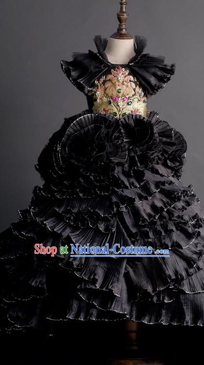 Custom Children Piano Recital Garment Girl Black Trailing Full Dress Baroque Princess Formal Clothing Kid Compere Dress