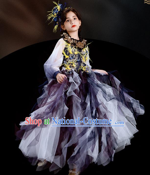 Custom Girl Princess Full Dress Modern Dance Clothing Kid Stage Performance Purple Veil Dress Children Catwalks Garment