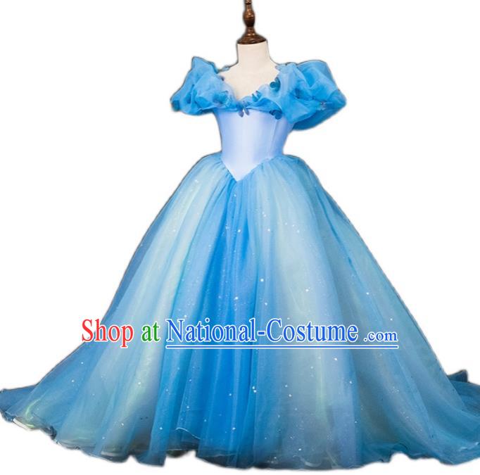 Custom Kid Stage Performance Dress Children Catwalks Garment Girl Blue Full Dress Halloween Princess Clothing