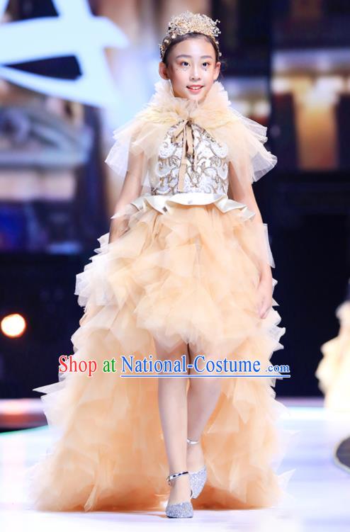 Custom Girl Champagne Full Dress Flowers Fairy Clothing Kid Stage Performance Trailing Veil Dress Children Catwalks Garment