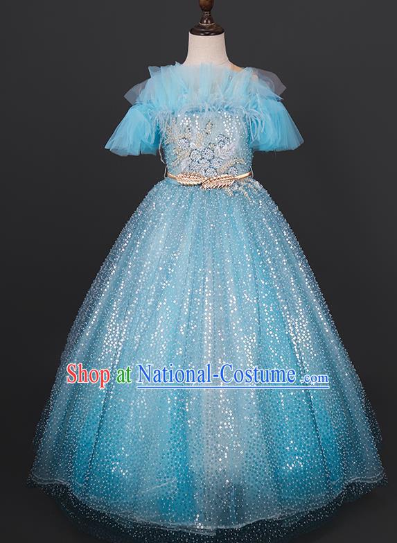 Custom Girl Princess Blue Full Dress Modern Dance Clothing Kid Christmas Performance Dress Children Compere Garment