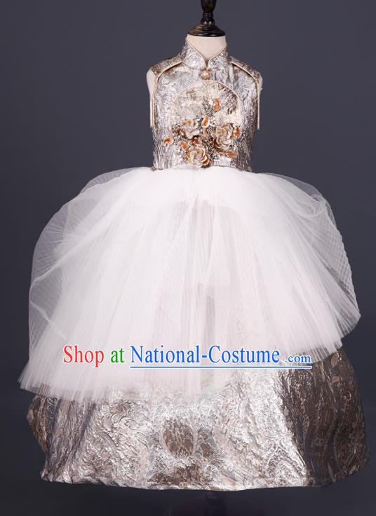 China Catwalks Fashion Costume Children Chorus Clothing Tang Suits Golden Dress Girl Stage Show Apparels