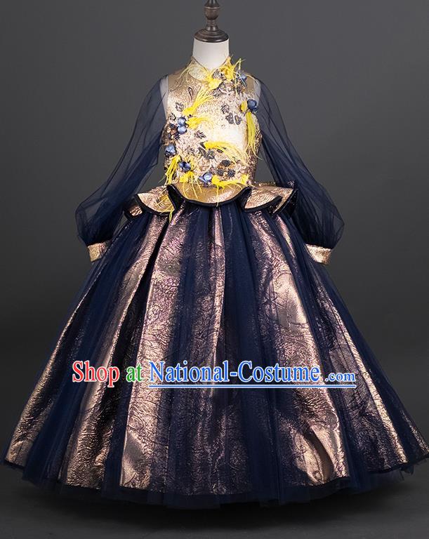 Custom Princess Navy Veil Full Dress Kid Formal Clothing Children Piano Recital Dress Girl Birthday Fashion