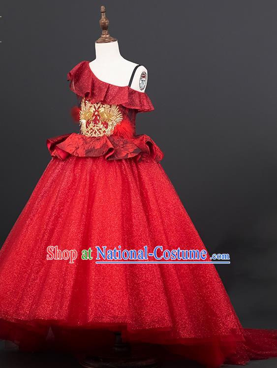 Custom Girl Birthday Fashion Princess Red Veil Full Dress Kid Formal Clothing Children Piano Recital Trailing Dress