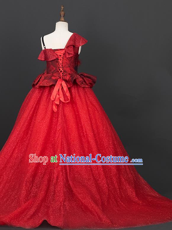 Custom Girl Birthday Fashion Princess Red Veil Full Dress Kid Formal Clothing Children Piano Recital Trailing Dress