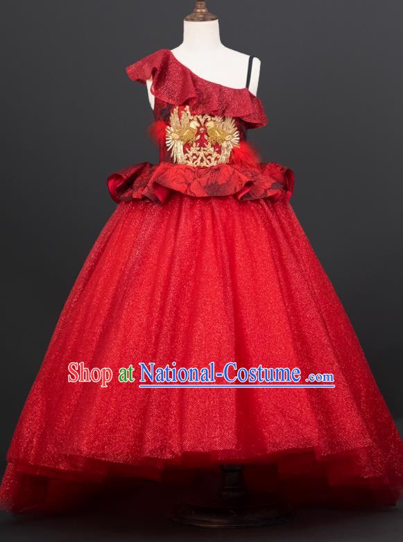 Custom Girl Birthday Fashion Princess Red Veil Full Dress Kid Formal Clothing Children Piano Recital Trailing Dress