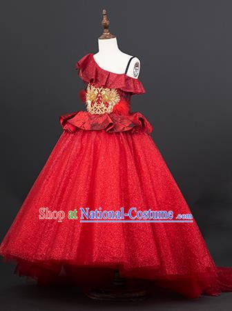 Custom Girl Birthday Fashion Princess Red Veil Full Dress Kid Formal Clothing Children Piano Recital Trailing Dress