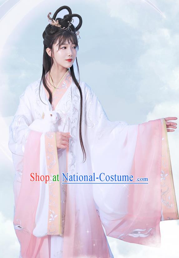 China Traditional Jin Dynasty Court Princess Historical Clothing Ancient Moon Goddess Pink Hanfu Dress for Women