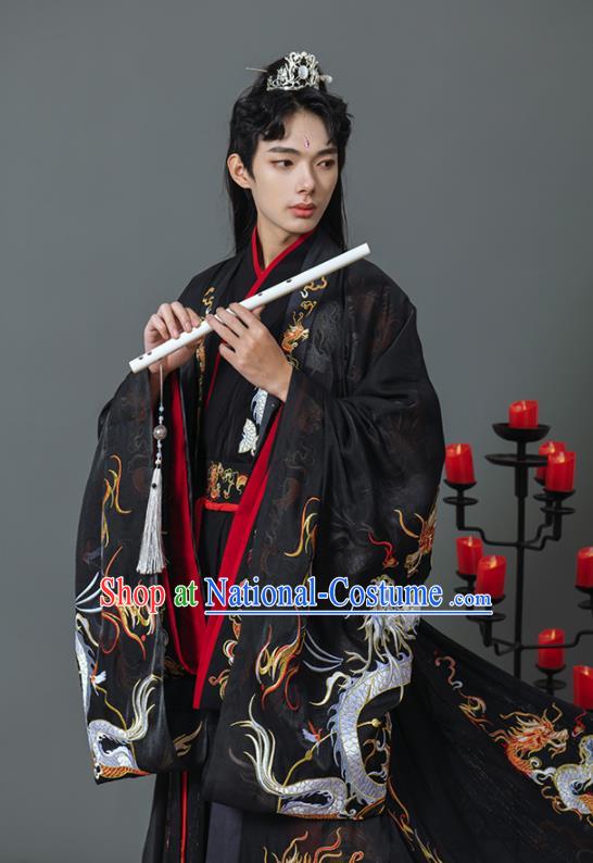 China Ancient Swordsman Black Hanfu Clothing Traditional Jin Dynasty Childe Historical Garment Costumes and Headpieces