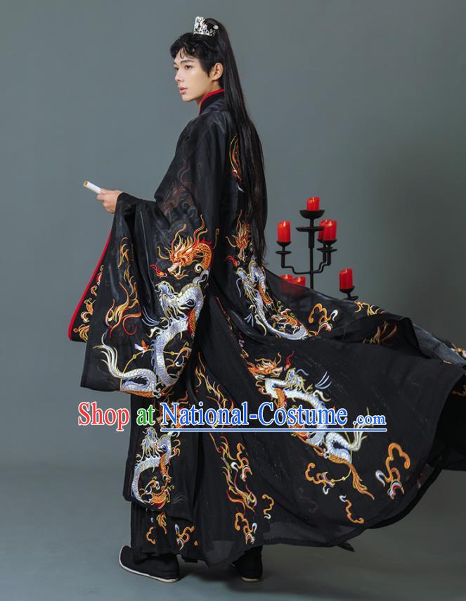 China Ancient Swordsman Black Hanfu Clothing Traditional Jin Dynasty Childe Historical Garment Costumes and Headpieces