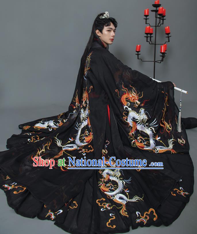 China Ancient Swordsman Black Hanfu Clothing Traditional Jin Dynasty Childe Historical Garment Costumes and Headpieces