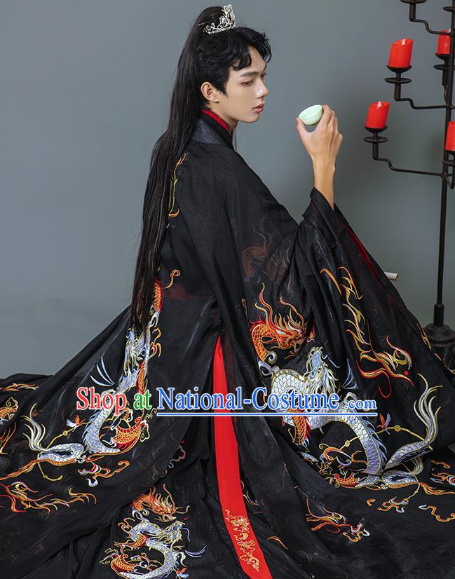 China Ancient Swordsman Black Hanfu Clothing Traditional Jin Dynasty Childe Historical Garment Costumes and Headpieces