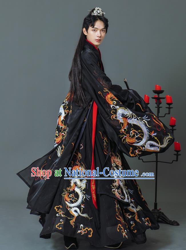 China Ancient Swordsman Black Hanfu Clothing Traditional Jin Dynasty Childe Historical Garment Costumes and Headpieces