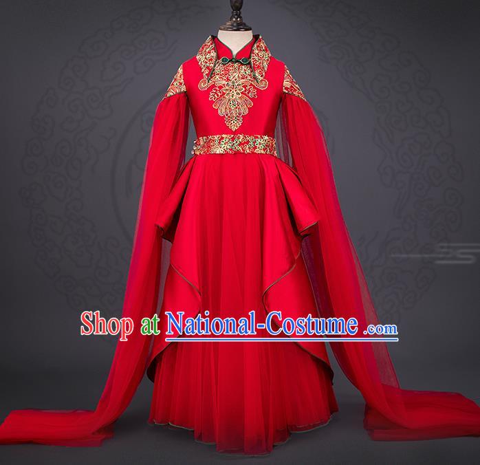 China Children Tang Suits Catwalks Red Dress Stage Performance Clothing Girl Classical Dance Garment Costume