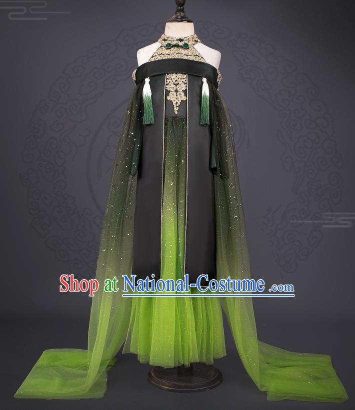 Professional Children Catwalks Fashion Costume Stage Show Green Dress Modern Dance Clothing Girl Princess Garment