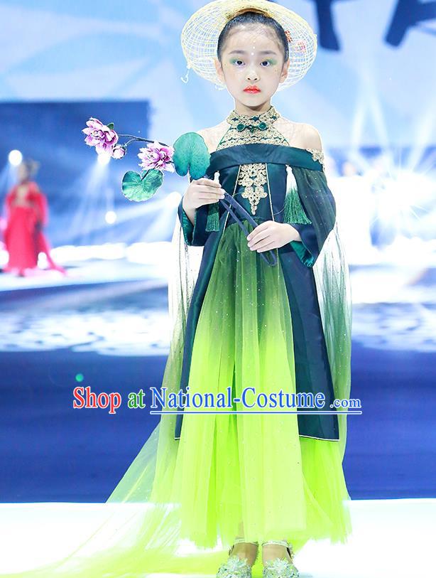 Professional Children Catwalks Fashion Costume Stage Show Green Dress Modern Dance Clothing Girl Princess Garment