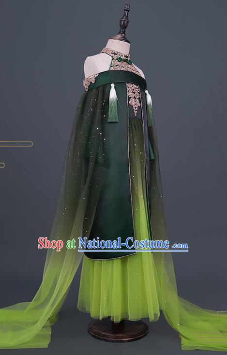 Professional Children Catwalks Fashion Costume Stage Show Green Dress Modern Dance Clothing Girl Princess Garment