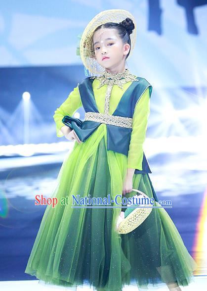 Professional Modern Dance Clothing Girl Princess Garment Children Catwalks Fashion Costume Stage Show Green Full Dress