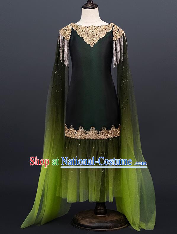 Professional Stage Show Green Full Dress Modern Dance Clothing Girl Princess Garment Children Catwalks Fashion Costume