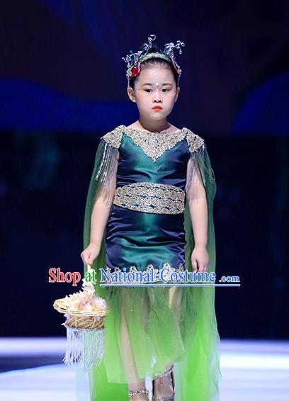 Professional Stage Show Green Full Dress Modern Dance Clothing Girl Princess Garment Children Catwalks Fashion Costume