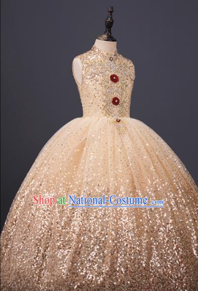 Professional Children Catwalks Fashion Costume Stage Show Golden Full Dress Modern Dance Clothing Girl Princess Garment