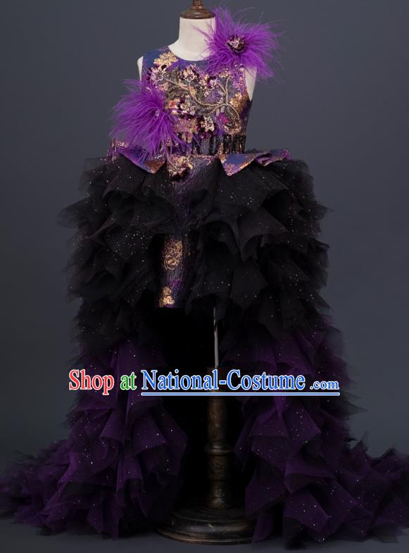 Professional Modern Dance Clothing Girl Compere Garment Children Catwalks Fashion Costume Stage Show Purple Trailing Full Dress