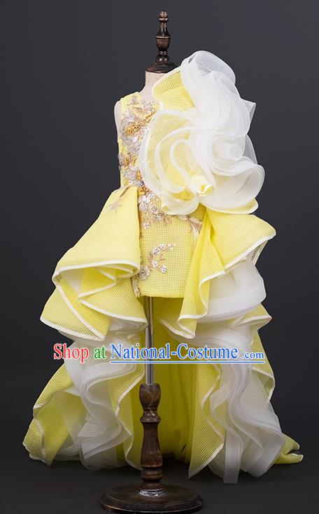 Professional Stage Show Yellow Full Dress Modern Dance Clothing Girl Compere Garment Children Catwalks Fashion Costume